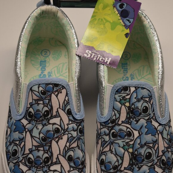 Disney Lilo & Stitch Girls Sneakers Size 2, Blue W/Sparkly Silver, Slip On - Picture 5 of 10